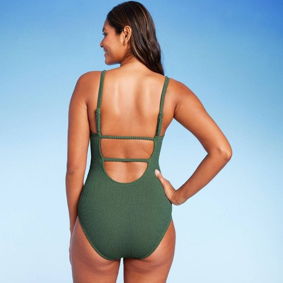 Women Textured Square Neck High Coverage One Piece Swimsuit Kona Sol Green Small - Picture 3 of 9